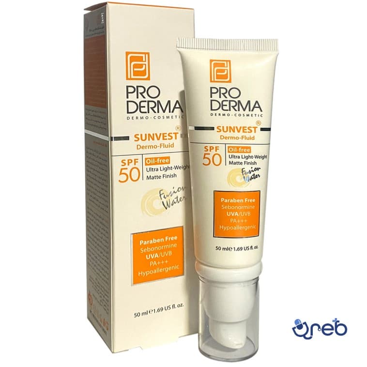 ضد آفتاب فلوئید فاقد چربی اس پی اف۵۰پرودرما مناسب پوست ‌های معمولی چرب وجوش دار بدون رنگ 50 میل