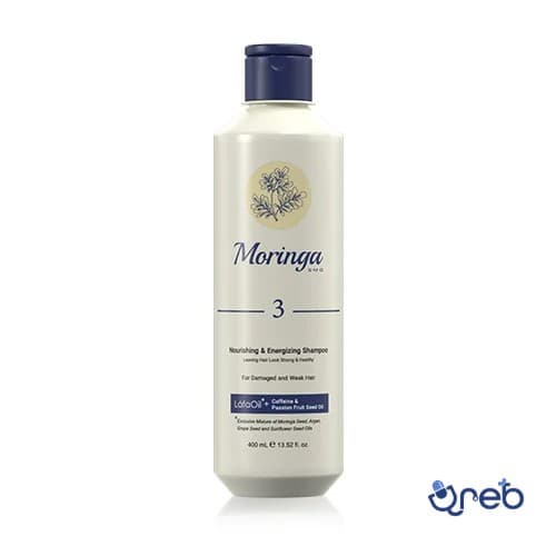شامپو مغذی و انرژی بخش مورینگا امو 3 مناسب موهای آسیب دیده و ضعیف  400 میلی لیتر 