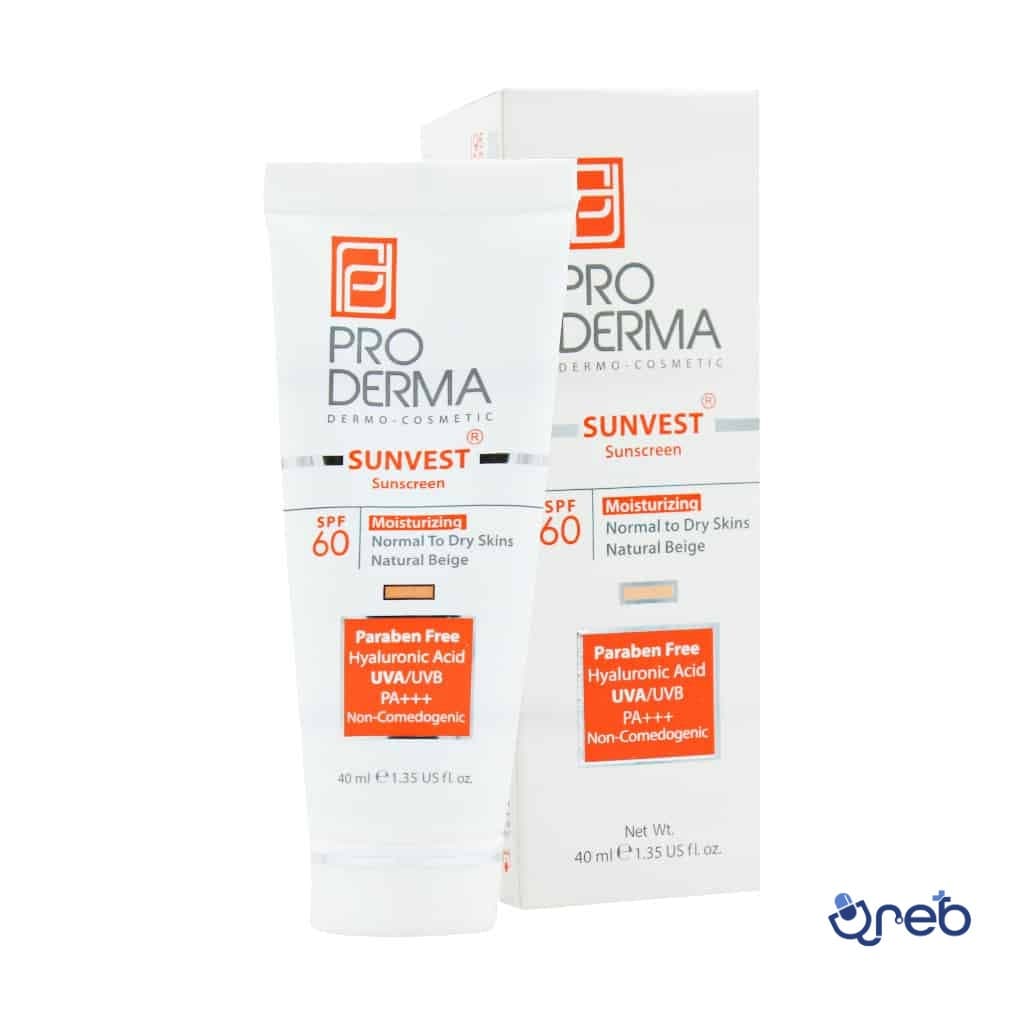 کرم ضد آفتاب و مرطوب کننده پرودرما SPF60 بژ طبیعی مناسب پوست های معمولی و خشک ۴۰ میلی لیتر