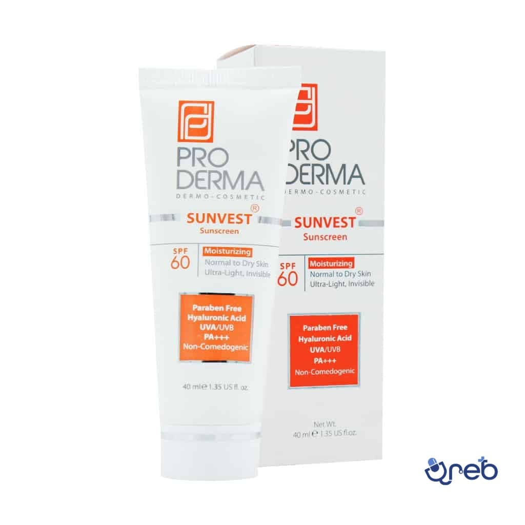 کرم ضد آفتاب و مرطوب کننده پرودرما SPF60بدون رنگ مناسب پوست های معمولی و خشک ۴۰ میلی لیتر